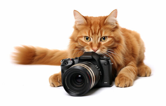 Ginger cat with a professional reflex camera on a white background.
