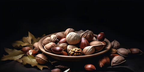 Different kinds of nuts in wooden bowl in shell on dark background. AI generated