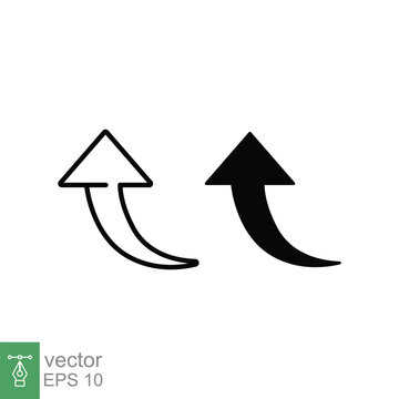 Curve arrow upward icon. Simple outline and solid style. Up arrow, curvy, increase, top point, direction concept. Thin line, glyph symbol. Vector illustration isolated on white background. EPS 10.