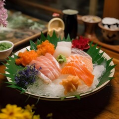 Sashimi set with salmon, tuna, japanese food in resturant. Generative AI