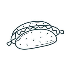 Hand drawn hotdog with sausage. Street food, doodle sketch style. Fast food, isolated vector illustration