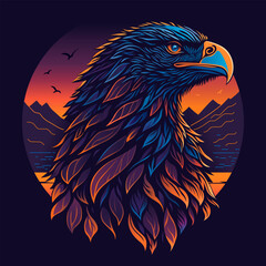Eagle on the background of sunset and mountains. T-shirt with an eagle, illustration of a wild bird in nature. Landscape. The eagle is colorful. Vector illustration
