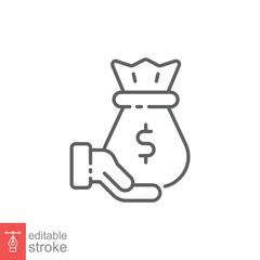Money in hand icon. Simple outline style. Save dollar, cost, salary, price, donate, cash, business concept. Thin line symbol. Vector illustration isolated on white background. Editable stroke EPS 10.