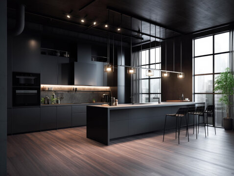 Mockup modern kitchen interior desing and decoration with built in counter lsland and cabinets, parquet floor and grey color concrete wall. 3d rendering. Generative AI