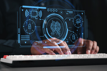 AI with digital brain, predictive analytics, data analysis.