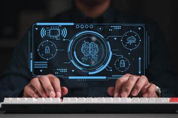 AI with digital brain, predictive analytics, data analysis.