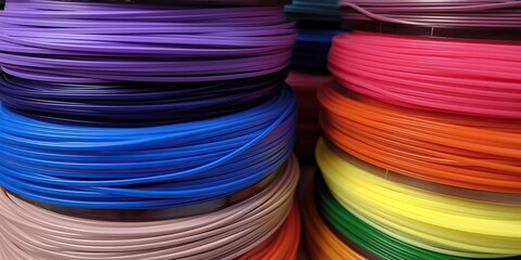 Multi-color stack of pla filament for 3d printing, concept of Additive manufacturing, created with Generative AI technology - obrazy, fototapety, plakaty