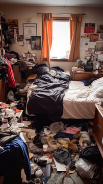 messy bedroom that clothes scattered on the bed with Generative AI