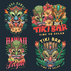 Tiki mascots set posters colorful