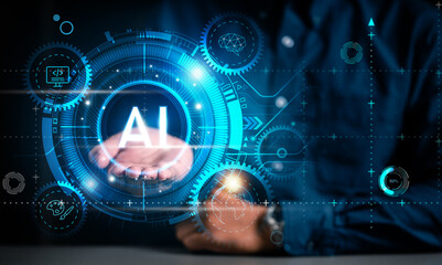 ai, technology, business, unit, training, artificial intelligence, hardware, innovation, device, intelligence. in businessman hold the artificial intelligence technology control processor system hud.