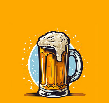 illustration of beer day event with mug of brew beer,copy space text and yellow background , Ai generated