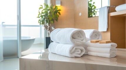 Fototapeta na wymiar Towels on the table in the bathroom. Bathroom interior Generative AI.