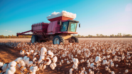 Picking cotton in the field. A cotton harvester collects cotton in a cotton field. Generative AI.