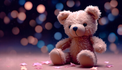 Fototapeta premium Illustration of a teddy bear surrounded by colorful confetti on a table created with Generative AI technology