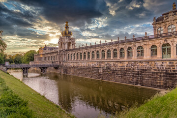 Sunset view of Zwinger the former Saxon royal gallery in Dresden reconstructed after the WWII bombings
