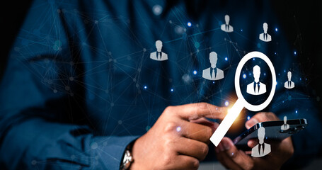 technology, business, resource, management, recruitment, social, team, human, manager, organization. touching smartphone to management organization human resource. social network human community.