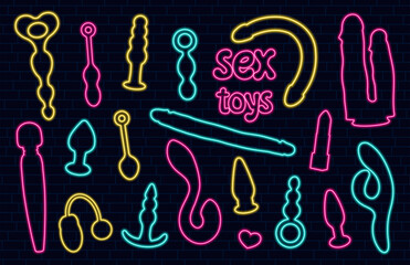 Sex toys neon collection. Set of erotic elements. Anal plugs, vibrators, balls, dildo. Retro sign. - obrazy, fototapety, plakaty