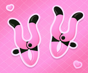 Cute pink nipple clamp. Accessories for BDSM. Flat cartoon style. Stickers element.