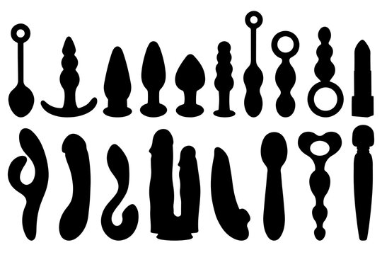 Sex toys silhouettes. Set of erotic elements. Anal plugs, vibrators, balls, dildo.