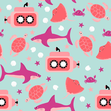Vector seamless pattern with shark, submarine, turtle, crab, devil fish.Underwater cartoon creatures.Marine background.Cute ocean pattern for fabric, childrens clothing,textiles,wrapping paper