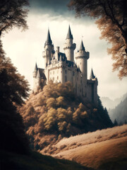 A fairy-tale castle on a hilltop, landscape