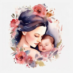 Illustration of a mother with her little child, watercolor style, flowers in the background. Concept of Mother's Day, mother's love, relationships between mother and child. Generative AI