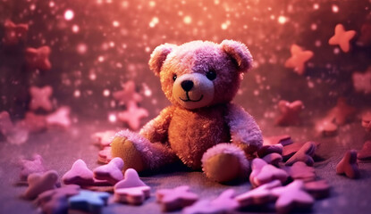 Illustration of a cute teddy bear surrounded by a sparkling galaxy of stars and colorful confetti created with Generative AI technology