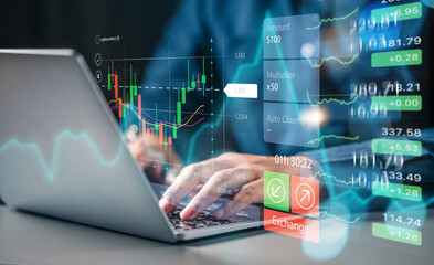 Concept Planning and strategy, Stock market, Hands of business people working at coffee shop. Technical price graph and indicator, Red and green candlestick chart and stock trading computer screen.