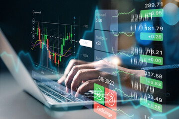 Concept Planning and strategy, Stock market, Hands of business people working at coffee shop. Technical price graph and indicator, Red and green candlestick chart and stock trading computer screen.