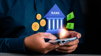 Concept Financial and banking networking, Online shopping and customer network connection, cyber security. Business technology. Businessman using mobile online banking and payments, Digital marketing.