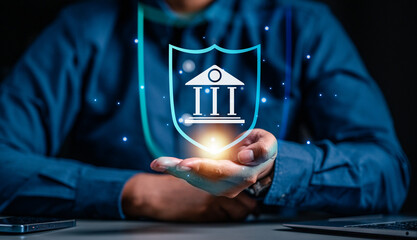 Concept bank stability, creative online banking, Commerce and automation. Man hand pointing at creative online banking hologram on blue blurry background.