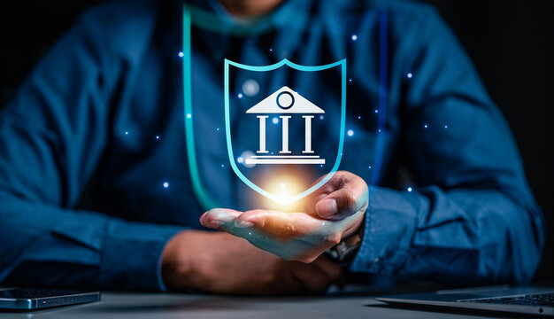 Concept bank stability, creative online banking, Commerce and automation. Man hand pointing at creative online banking hologram on blue blurry background.