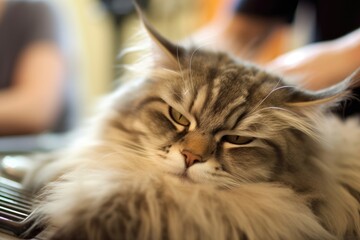 The joy and relaxation of a pampered cat as a groomer gently brushes its fur at a grooming salon. Generative AI