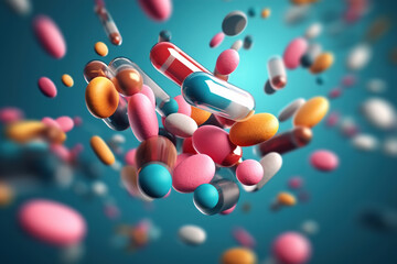 Pharmacy and medicine, antidepressants concept. Multi-colored pills and capsules of drugs flying in all directions. Motion blur, close-up