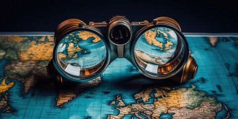 Map of the world is reflected in the lenses of binoculars, concept of Optical instruments, created with Generative AI technology