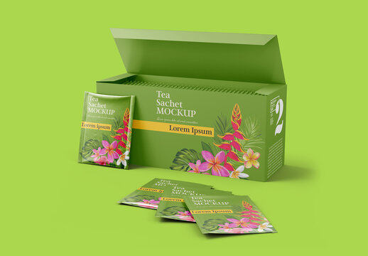 Box Tea Box with Sachets Mockup