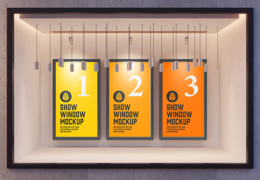 Window Display with 3 Posters Mockup