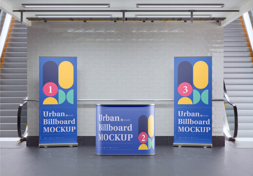 Subway Scene with Roll-Up Banners and Stand Mockup