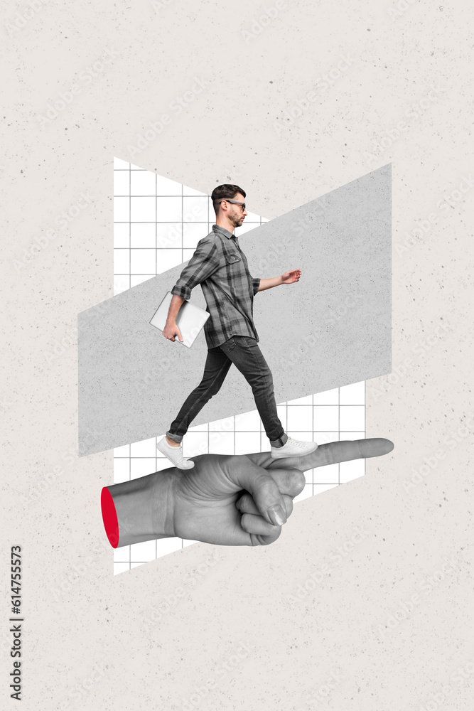 Poster image poster collage artwork picture of successful guy hold netbook going work big hand showing gest