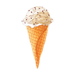ice-cream scoops in waffle cones with assorted balls of vanilla, citrus, strawberry, mint, chocolate. Vector realistic line illustration