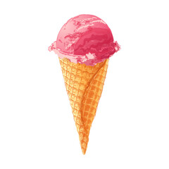 ice-cream scoops in waffle cones with assorted balls of vanilla, citrus, strawberry, mint, chocolate. Vector realistic line illustration