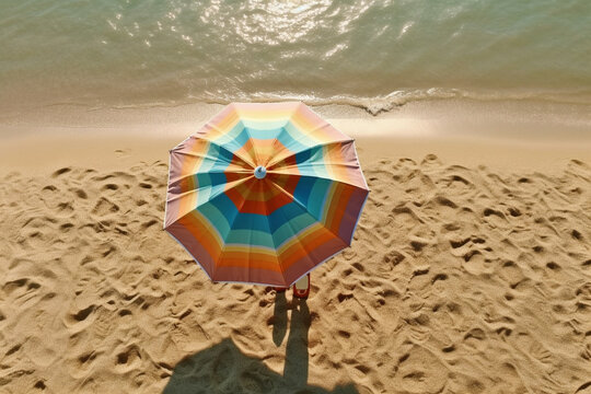 A colorful beach umbrella and a pair of flip-flops on a sandy beach, flat cinematic view Generative AI