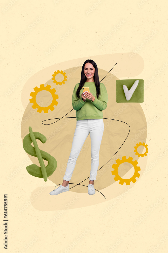 Poster Collage artwork sketch surreal template of happy successful girl working distance betting espost make money on beige background