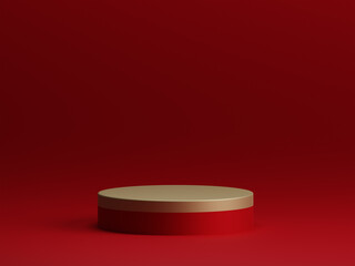 3D rendering oriental style red cylinder pedestal or podium for product showcase display on empty background. 3D mockup illustration