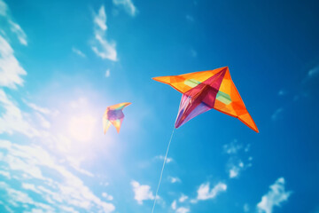 A pair of colorful kites flying high in a clear blue sky, flat cinematic view Generative AI