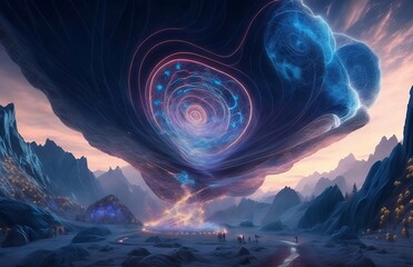 Abstract wallpaper of landscape filled with swirling data streams and interconnected nodes evoking a sense of dynamism and constant evolution within the realm