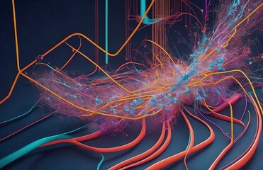 Abstract wallpaper of data visualization with vibrant flowing lines and interconnected nodes representing the complexity and interconnectedness of the digital world - obrazy, fototapety, plakaty