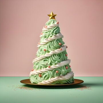 christmas tree cake with star isolated on plain yellow studio background, made with generative ai