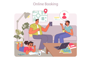 Flight tickets online booking concept. Buying ticket with smartphone. Vector illustration.
