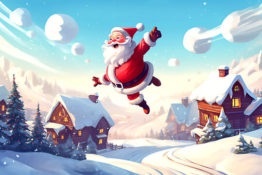 Santa Claus in winter village. Merry christmas and Happy New year concept/ Illustration. Post processed AI generated image